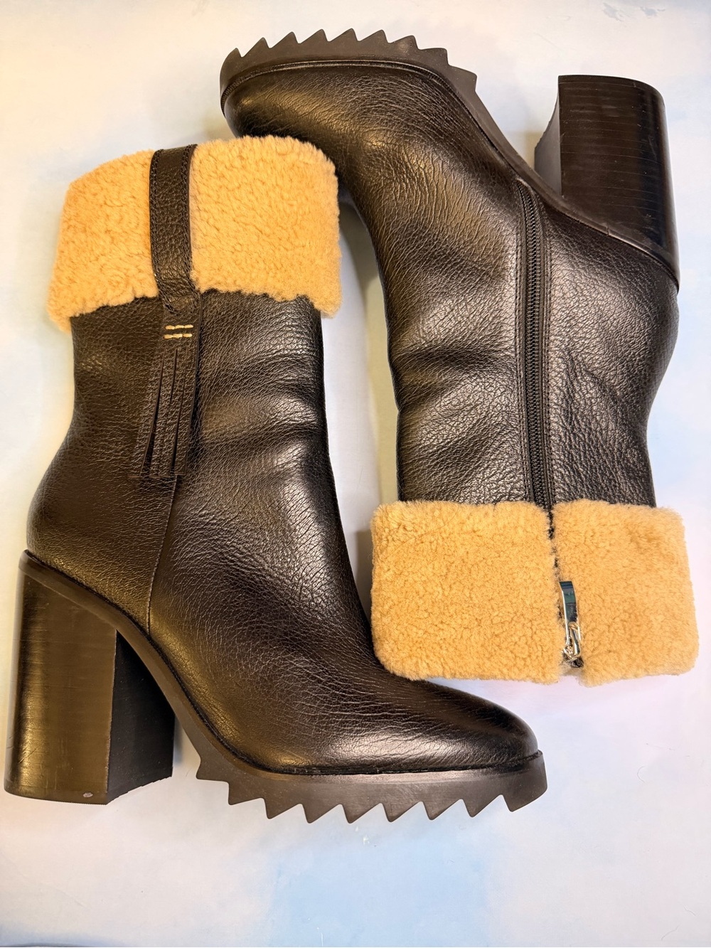 PAIGE Black Leather Block Heel Boots with Tan Shearling Cuff